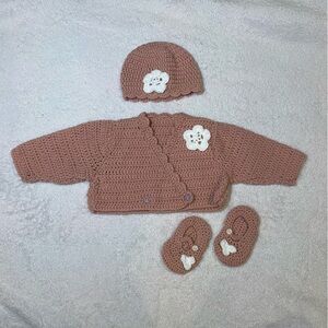 Adorable Blush Pink Kids Crochet Set with White Flower
